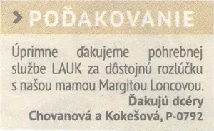 Poďakovanie 297 - pohrebné služby LAuK