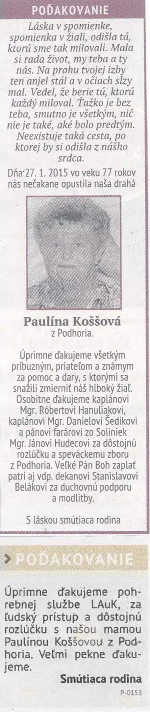 Poďakovanie 293 - pohrebné služby LAuK