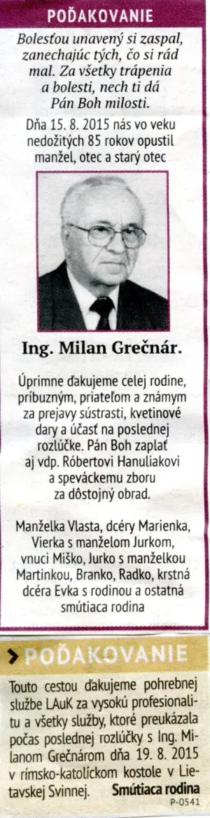 Poďakovanie 291 - pohrebné služby LAuK