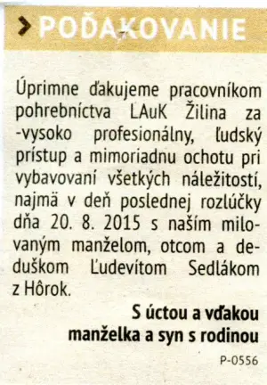 Poďakovanie 290 - pohrebné služby LAuK