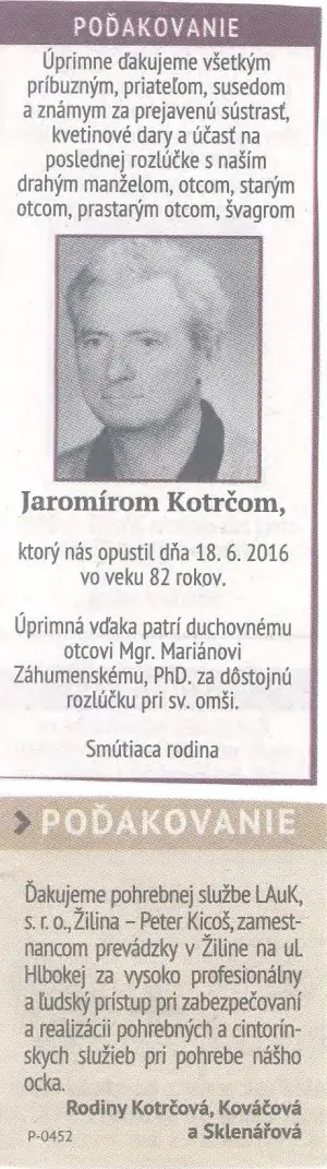 Poďakovanie 281 - pohrebné služby LAuK
