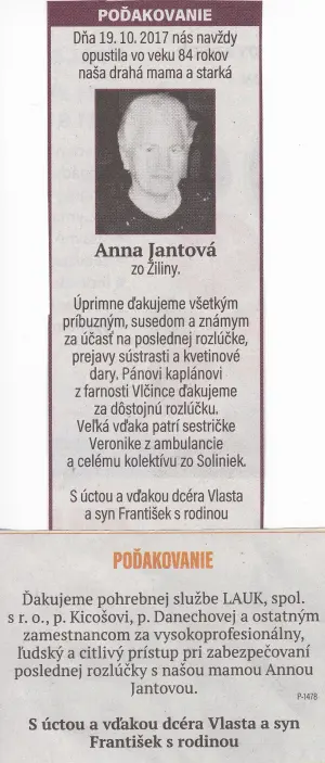 Poďakovanie 253 - pohrebné služby LAuK