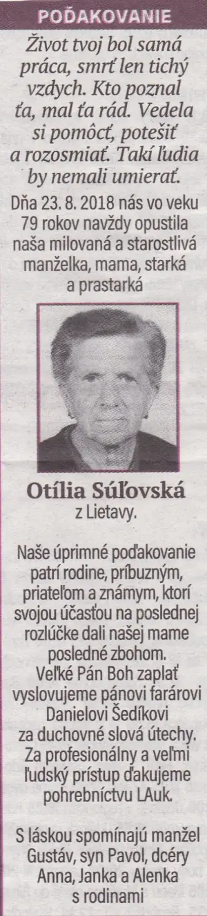 Poďakovanie 232 - pohrebné služby LAuK