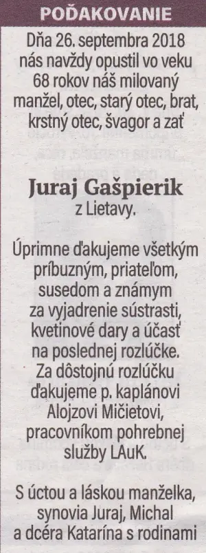 Poďakovanie 229 - pohrebné služby LAuK