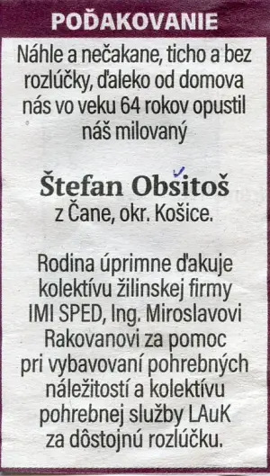 Poďakovanie 222 - pohrebné služby LAuK