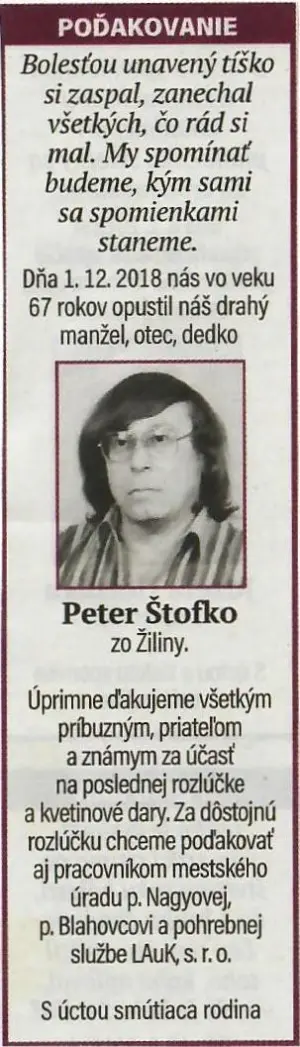 Poďakovanie 219 - pohrebné služby LAuK