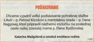 Poďakovanie 214 - pohrebné služby LAuK
