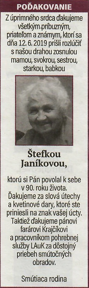 Poďakovanie 213 - pohrebné služby LAuK
