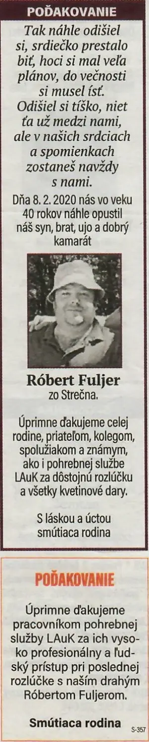 Poďakovanie 192 - pohrebné služby LAuK