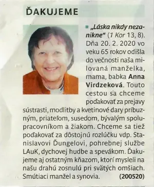 Poďakovanie 187 - pohrebné služby LAuK