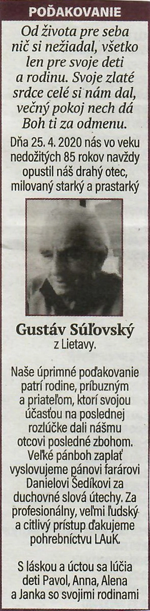 Poďakovanie 183 - pohrebné služby LAuK