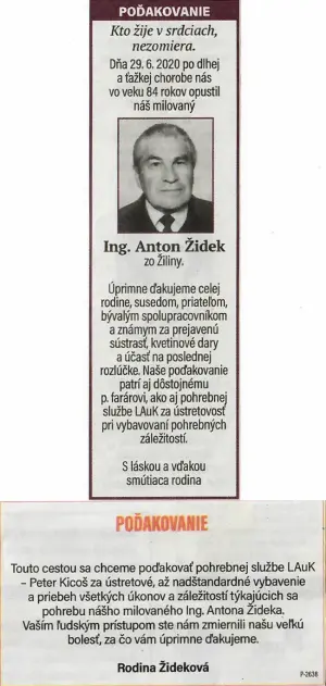 Poďakovanie 178 - pohrebné služby LAuK