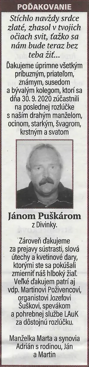 Poďakovanie 173 - pohrebné služby LAuK