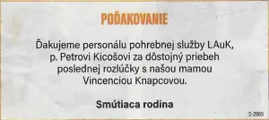 Poďakovanie 172 - pohrebné služby LAuK
