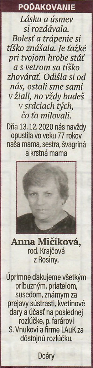 Poďakovanie 167 - pohrebné služby LAuK