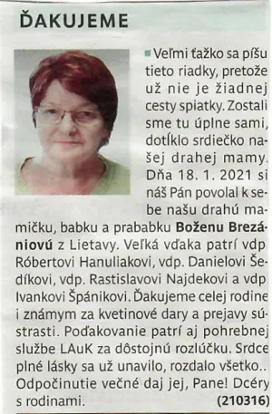 Poďakovanie 163 - pohrebné služby LAuK