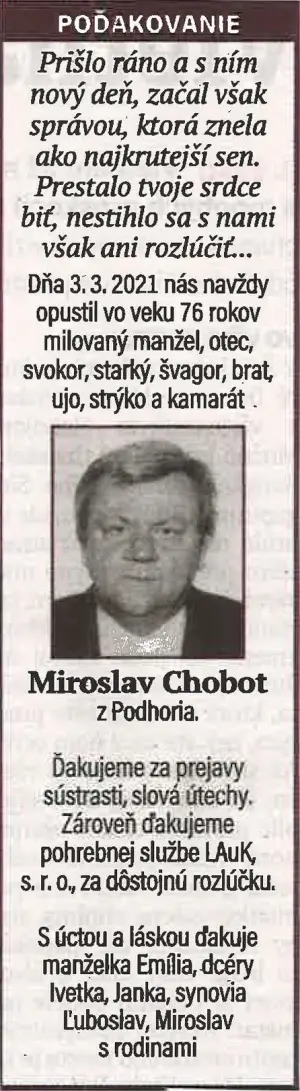 Poďakovanie 157 - pohrebné služby LAuK