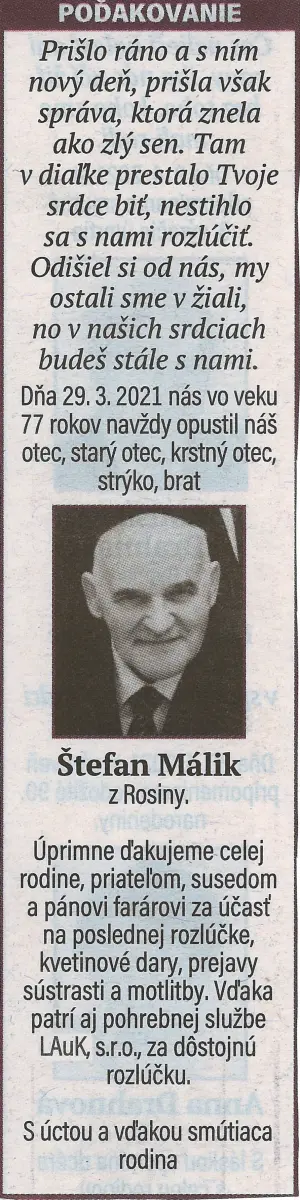 Poďakovanie 151 - pohrebné služby LAuK