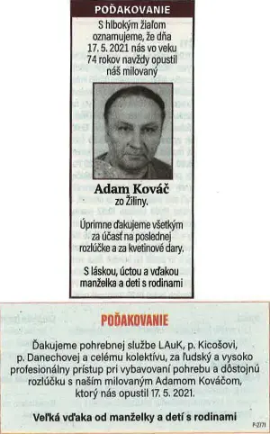 Poďakovanie 144 - pohrebné služby LAuK