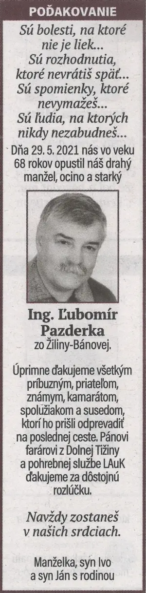 Poďakovanie 143 - pohrebné služby LAuK