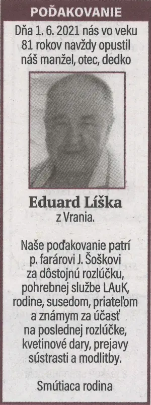 Poďakovanie 142 - pohrebné služby LAuK