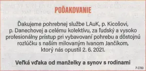 Poďakovanie 140 - pohrebné služby LAuK