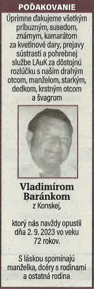 Poďakovanie 85 - pohrebné služby LAuK