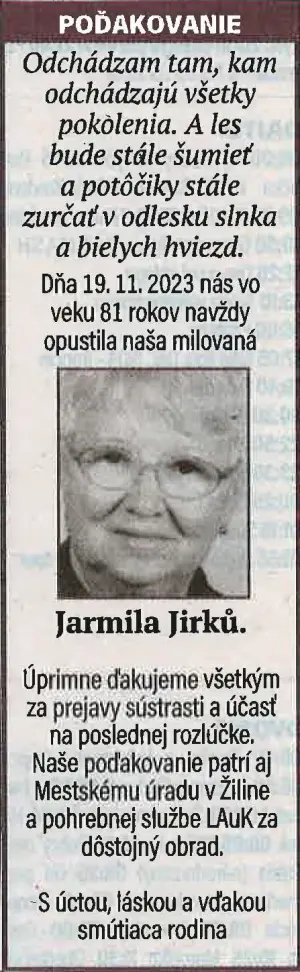 Poďakovanie 78 - pohrebné služby LAuK
