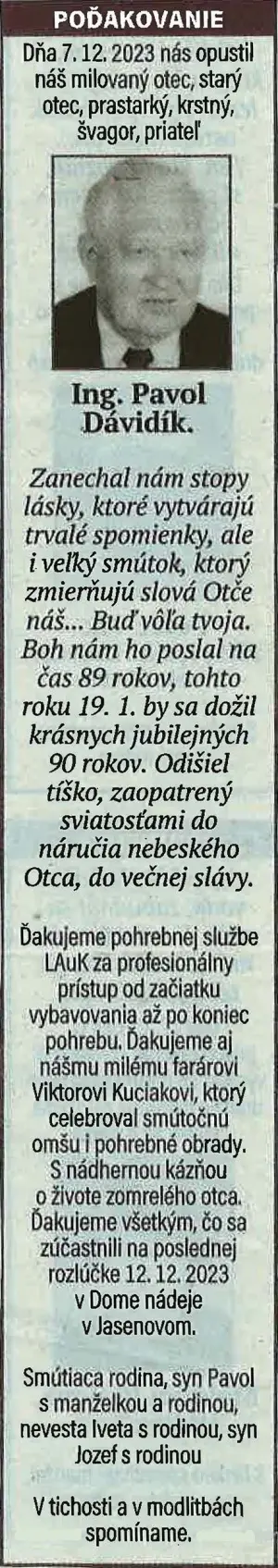 Poďakovanie 74 - pohrebné služby LAuK