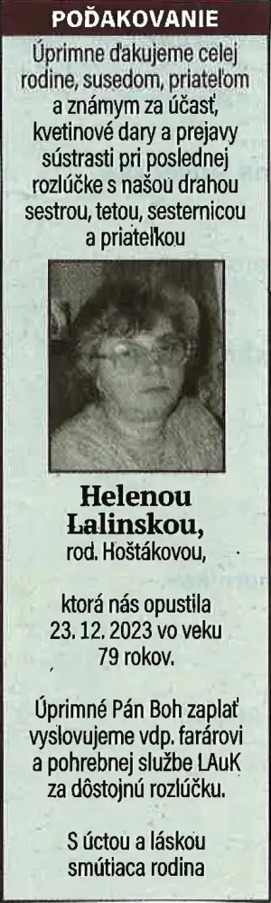Poďakovanie 73 - pohrebné služby LAuK