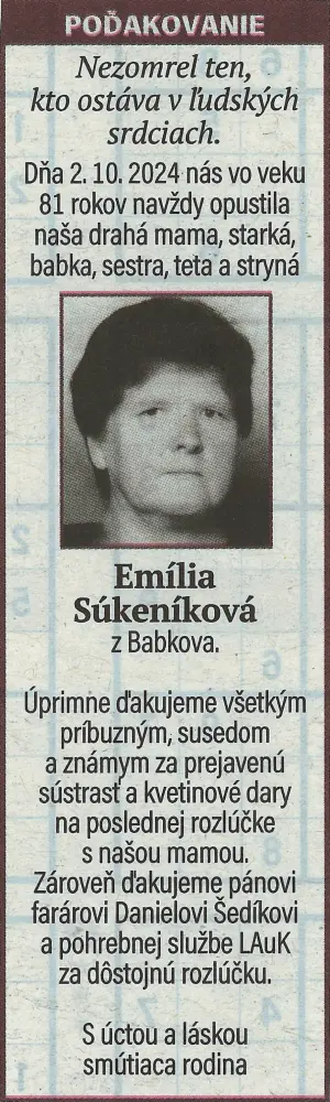 Poďakovanie 61 - pohrebné služby LAuK