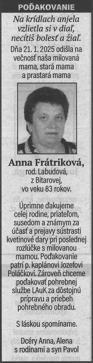 Poďakovanie 46 - pohrebné služby LAuK