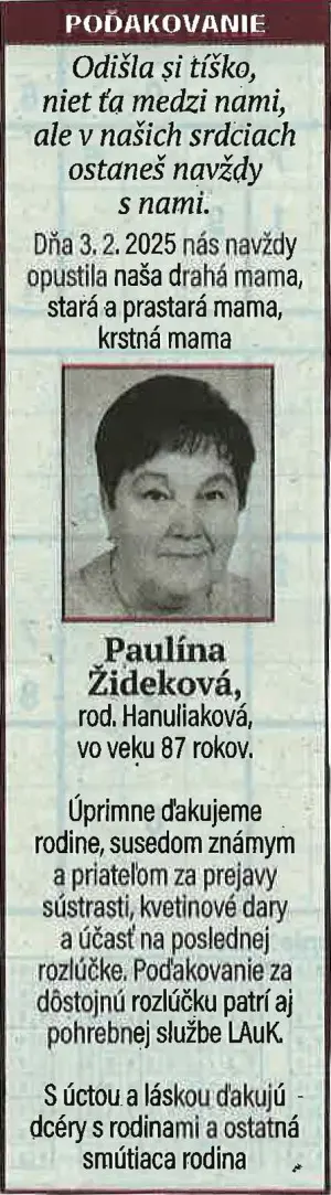 Poďakovanie 45 - pohrebné služby LAuK