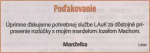 Poďakovanie 35 - pohrebné služby LAuK