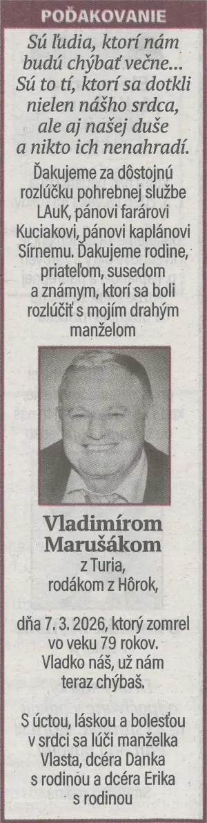Poďakovanie 16 - pohrebné služby LAuK