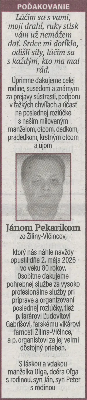 Poďakovanie 12 - pohrebné služby LAuK