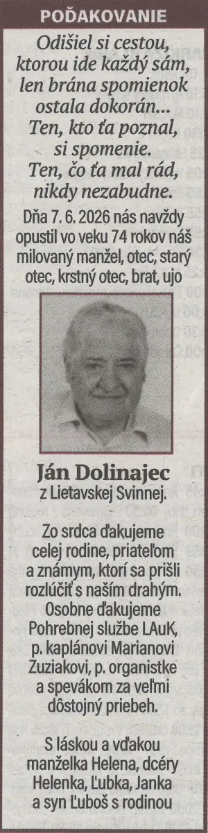 Poďakovanie 9 - pohrebné služby LAuK
