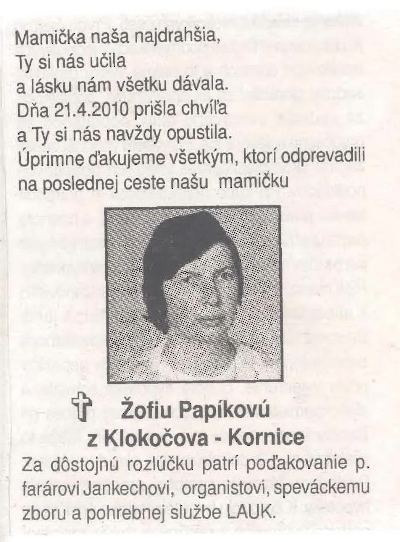 Poďakovanie 328 - pohrebné služby LAuK