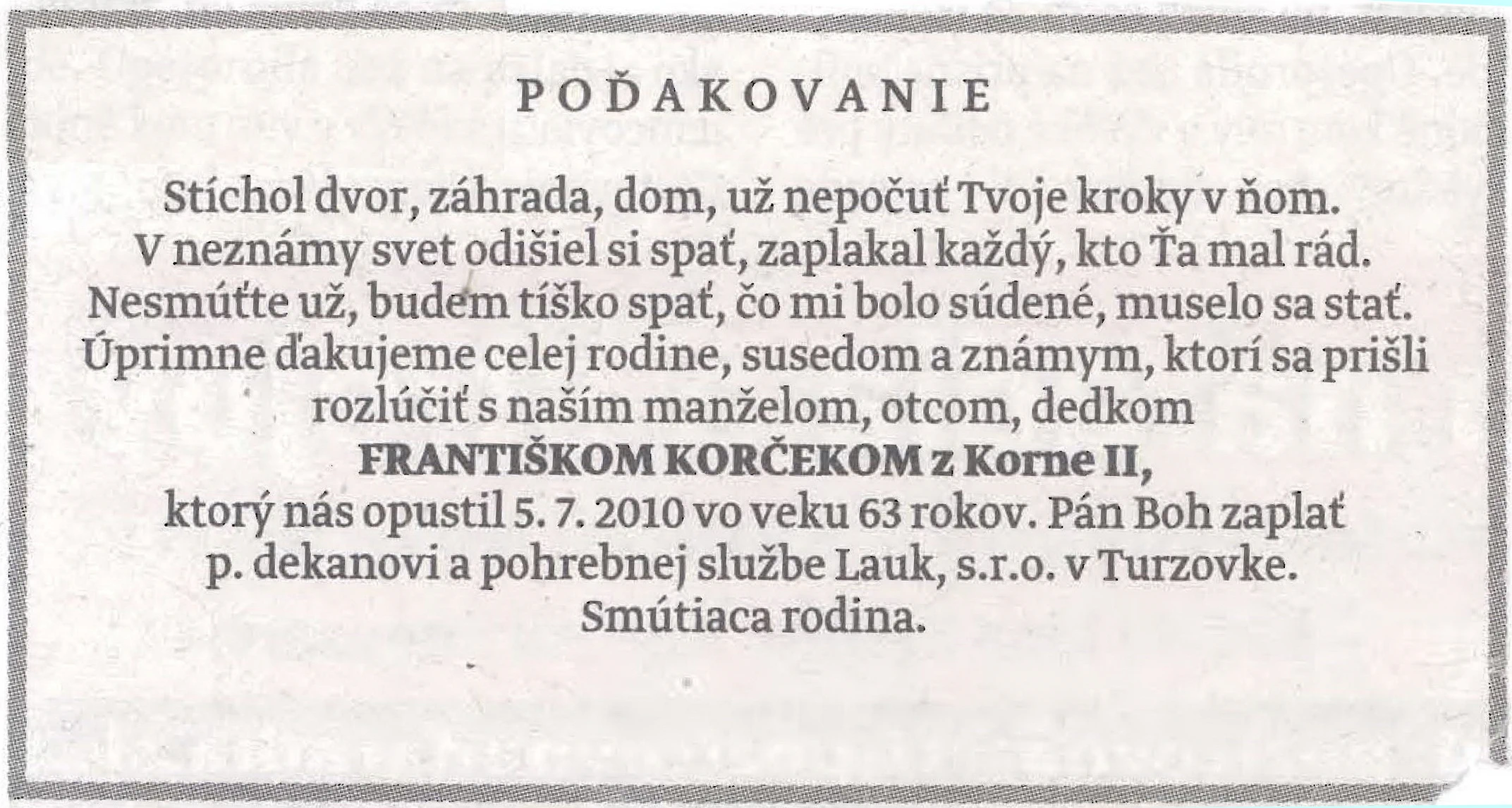Poďakovanie 327 - pohrebné služby LAuK