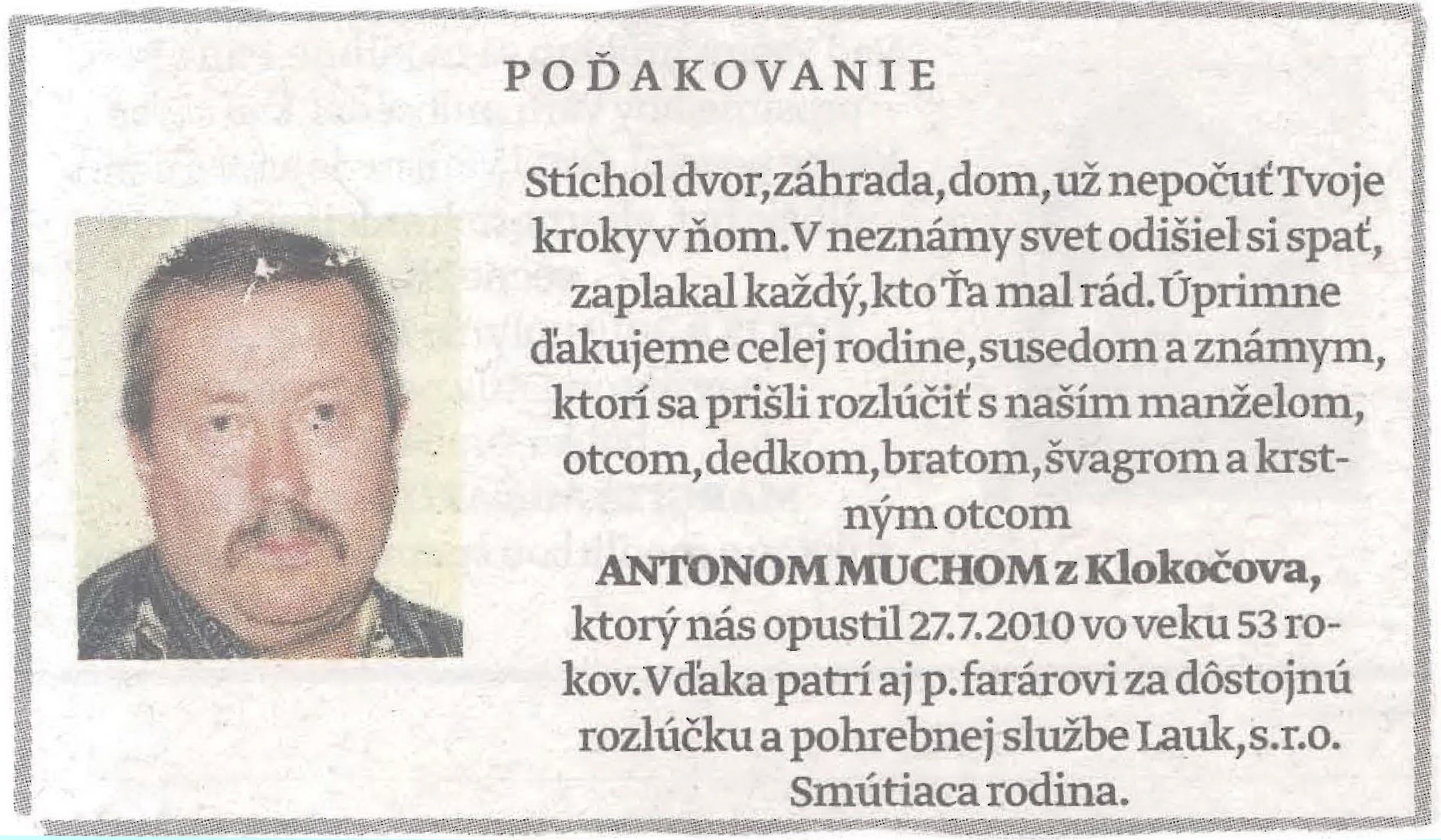 Poďakovanie 326 - pohrebné služby LAuK