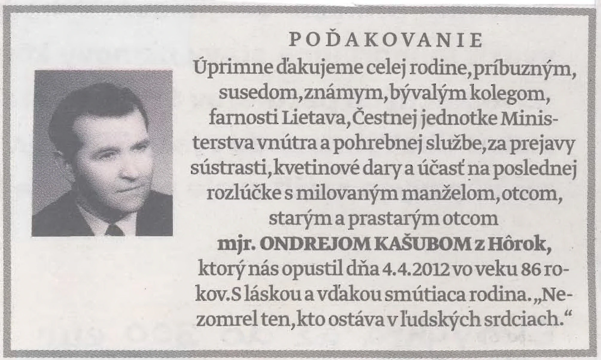 Poďakovanie 315 - pohrebné služby LAuK
