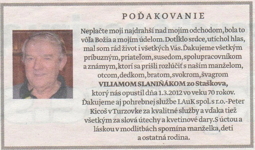 Poďakovanie 313 - pohrebné služby LAuK