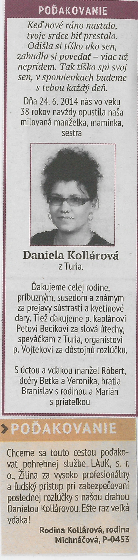 Poďakovanie 301 - pohrebné služby LAuK