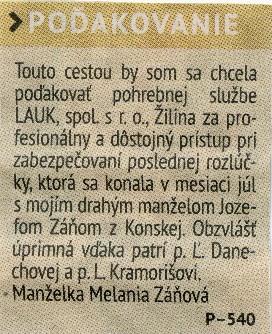 Poďakovanie 299 - pohrebné služby LAuK