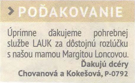Poďakovanie 297 - pohrebné služby LAuK