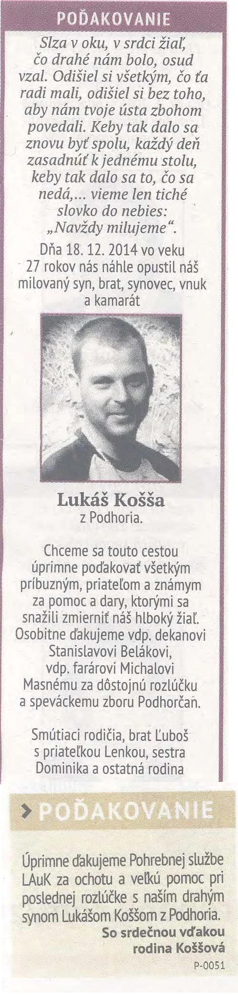 Poďakovanie 295 - pohrebné služby LAuK