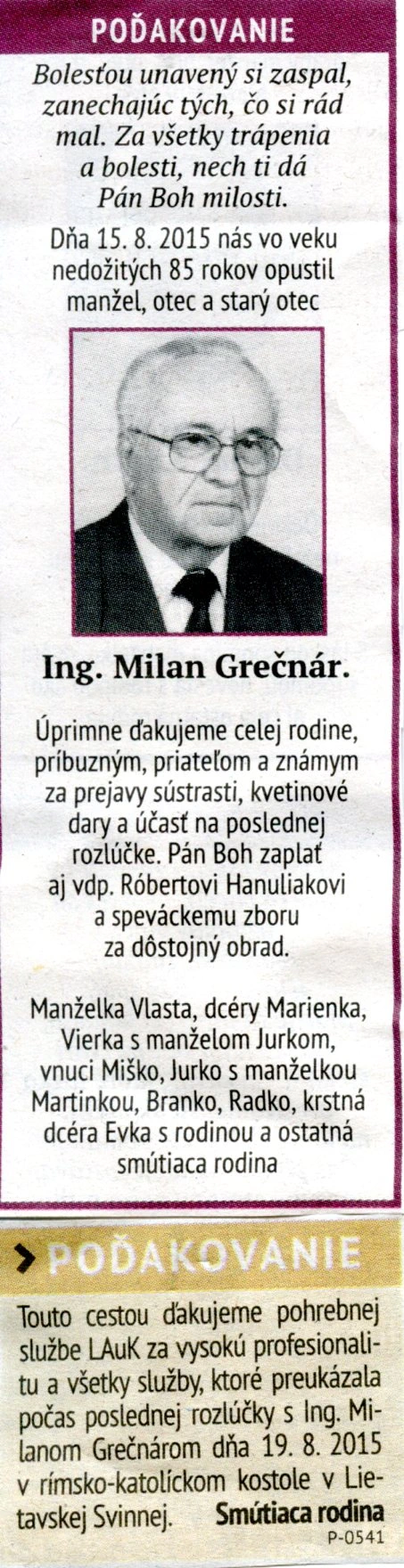 Poďakovanie 291 - pohrebné služby LAuK