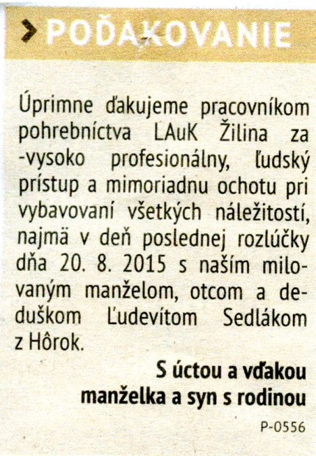 Poďakovanie 290 - pohrebné služby LAuK