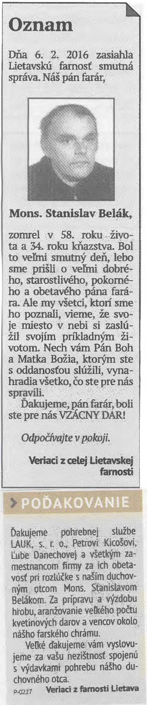 Poďakovanie 288 - pohrebné služby LAuK