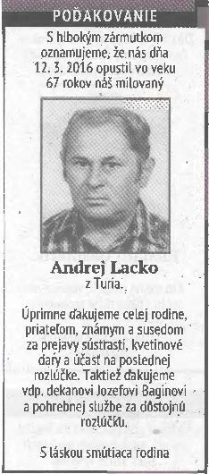 Poďakovanie 287 - pohrebné služby LAuK